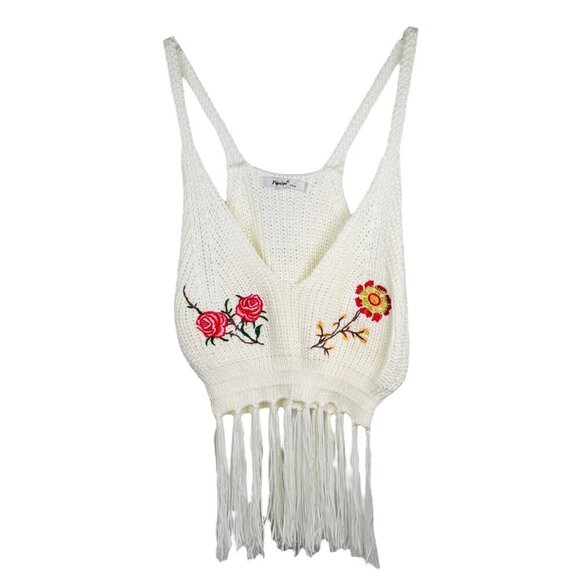 Papaya Tops - Papaya Crochet Embroidered Fringe Crop Top Festival Medium Floral Boho